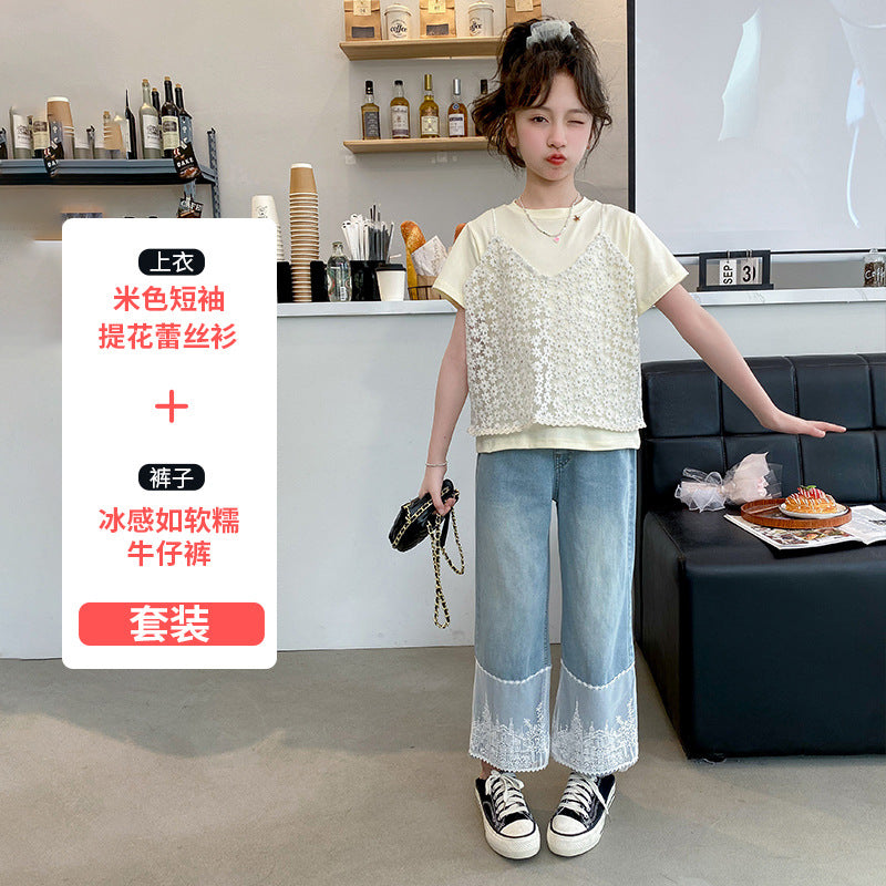 A girls summer suit, new children's foreign style lace short-sleeved top, older children's fashionable jeans two-piece set