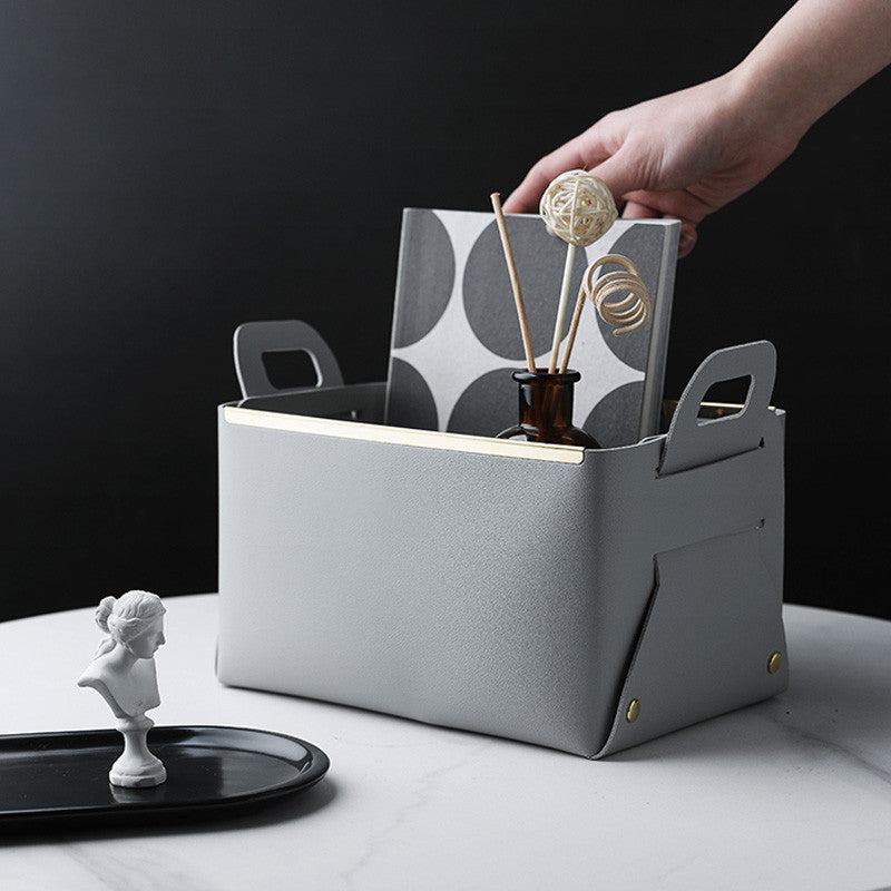 A Nordic desktop PU leather storage basket Foldable Phnom Penh sundries storage basket Stationery storage tray