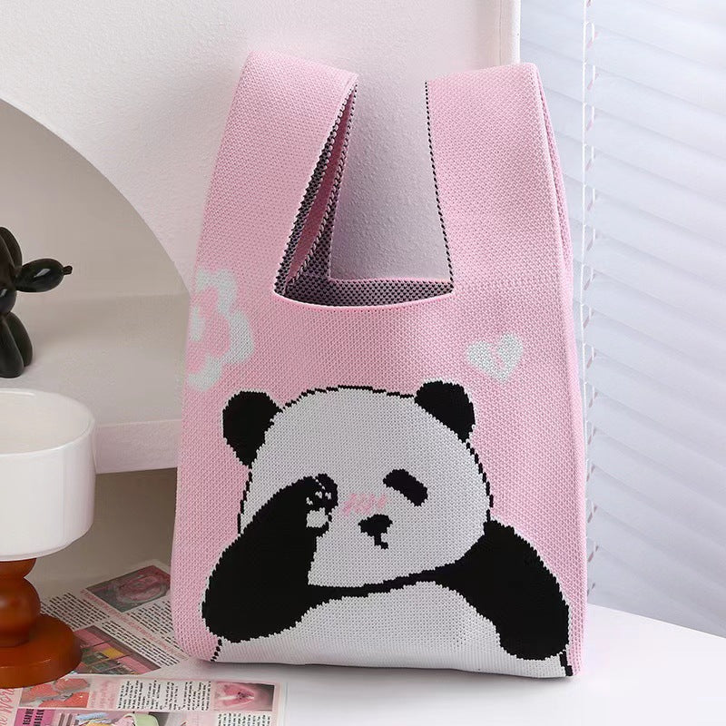 A Internet celebrity handbag women's knitted wool bucket bag Japanese and Korean version versatile hand carry casual tote bag box lunch bag y