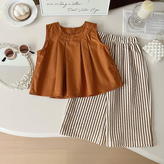 A summer new Korean version of children's sleeveless top + striped wide-leg pants two-piece set