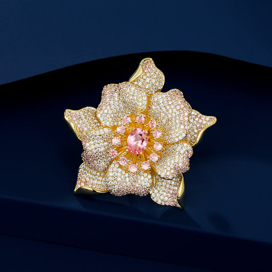 A European and American heavy industry high-end design light luxury full of zirconium micro-inlaid pink gemstone peony flower brooch fashionable versatile pin batch - Mixbatch