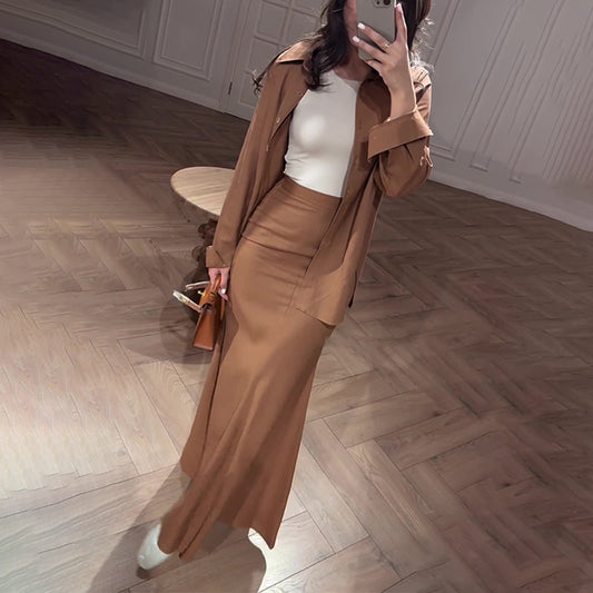 A Autumn Casual Fashion Comfortable Shirt High Waist Hip Wrap Slim Skirt Set
