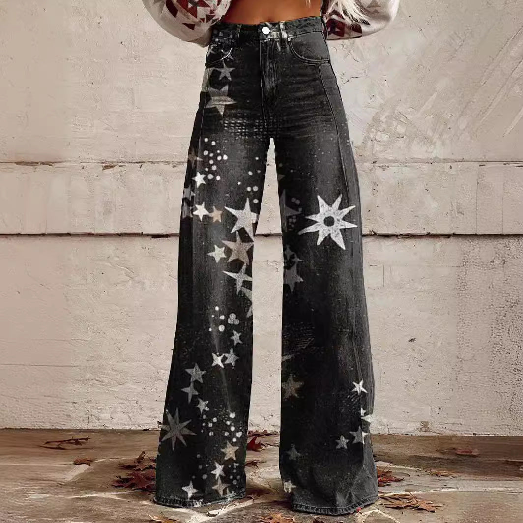 A European and American foreign trade large size women's casual pants, thin imitation jeans, wide legs