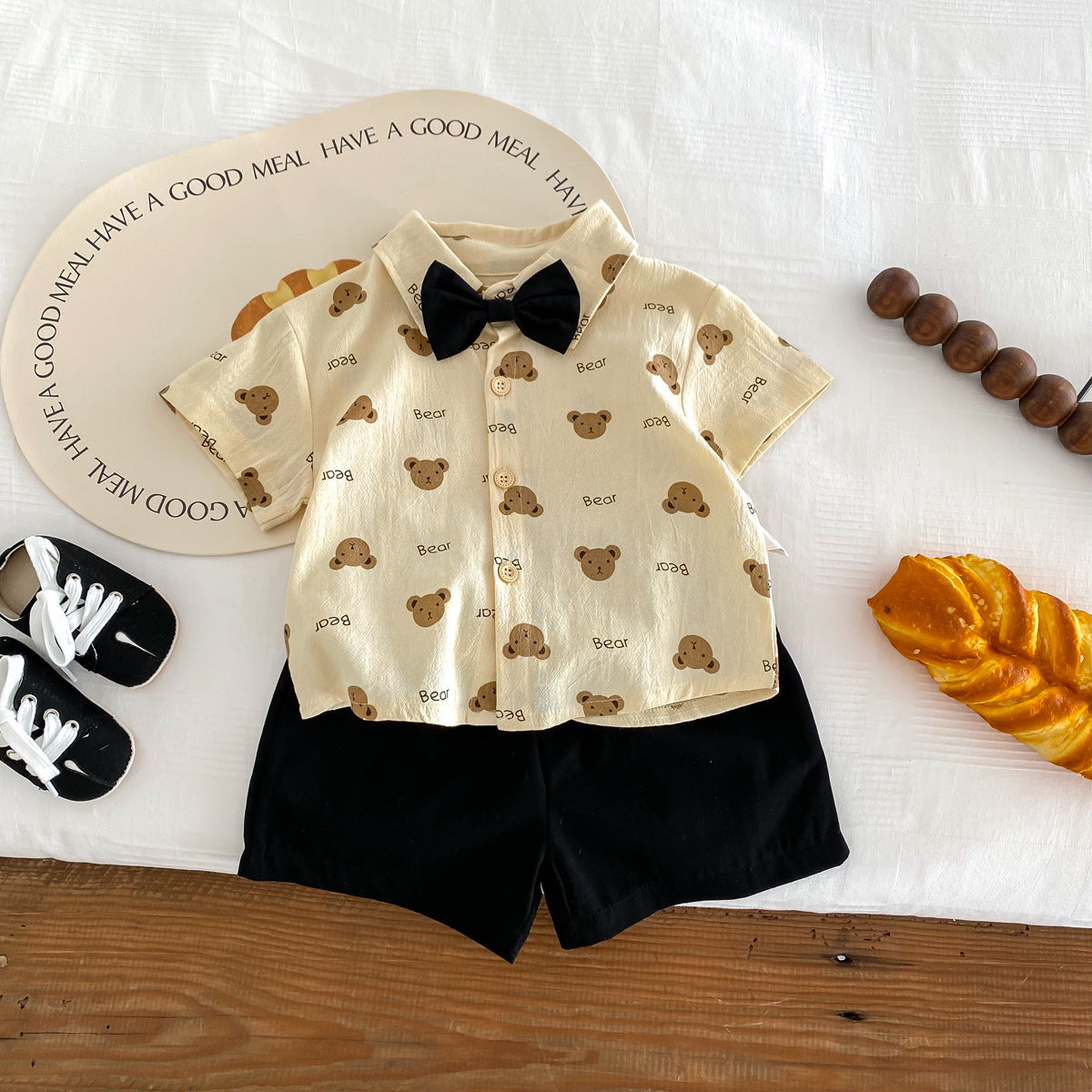 A 2024 Summer Boys Gentlemen's Necktie Short sleeved Shirt Shorts Set for Children's Korean Little Bear Print Two Piece Set - Mixbatch
