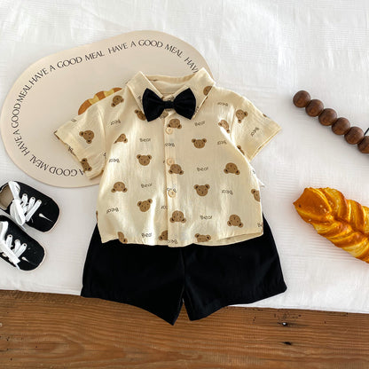 A 2024 Summer Boys Gentlemen's Necktie Short sleeved Shirt Shorts Set for Children's Korean Little Bear Print Two Piece Set - Mixbatch