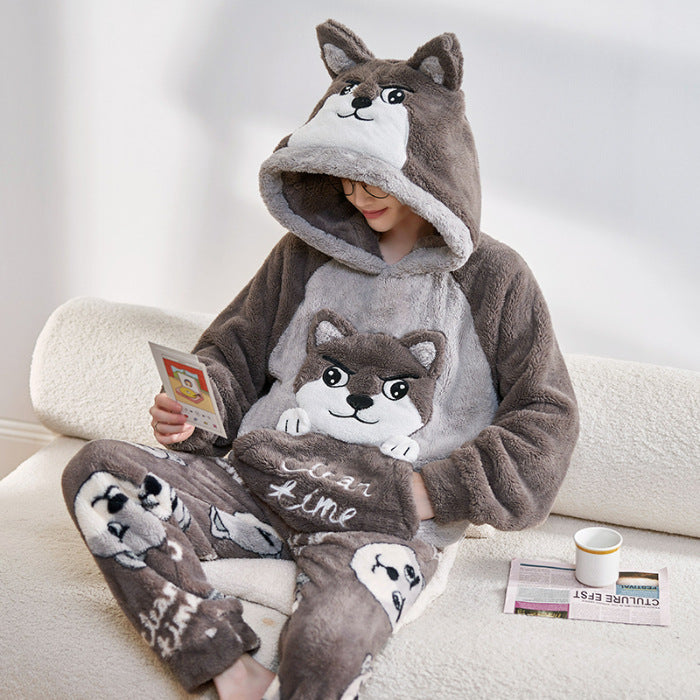 A Autumn and winter coral fleece men's and women's pajamas long-sleeved hooded cartoon flannel thickened couple loungewear warm suit