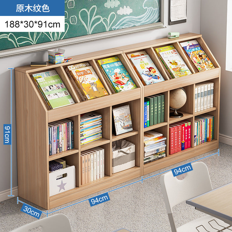 A school classroom bookshelf and storage cabinet