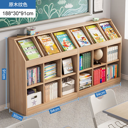 A school classroom bookshelf and storage cabinet