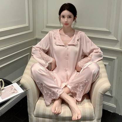 A Ice and snow pajamas women's French lapel lace cardigan long-sleeved trousers set summer spring and autumn loungewear