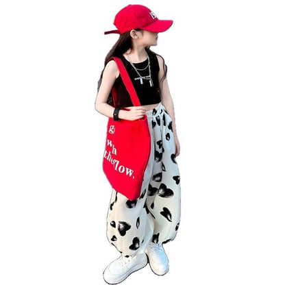 A girls pants summer thin wide-leg pants new summer letter sleeveless top casual pants set foreign trade
