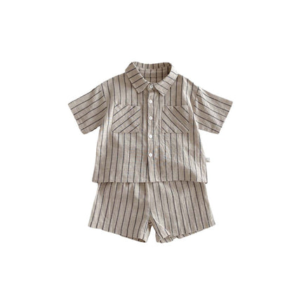 A Children's Korean version retro striped short-sleeved shirt shorts set for babies and boys and girls in summer thin casual trendy clothes - Mixbatch