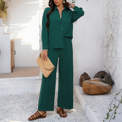 2025 spring and summer cross-border leisure commuting vacation style solid color button-down cardigan top wide-leg trousers set - Mixbatch