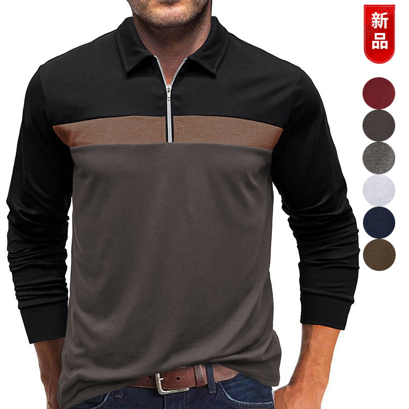 A Men's Fashion Color-Blocking Long Sleeve Zip Henry Shirt Amazon Fall Winter Men's Lapel Casual POLO Shirt