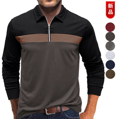 A Men's Fashion Color-Blocking Long Sleeve Zip Henry Shirt Amazon Fall Winter Men's Lapel Casual POLO Shirt