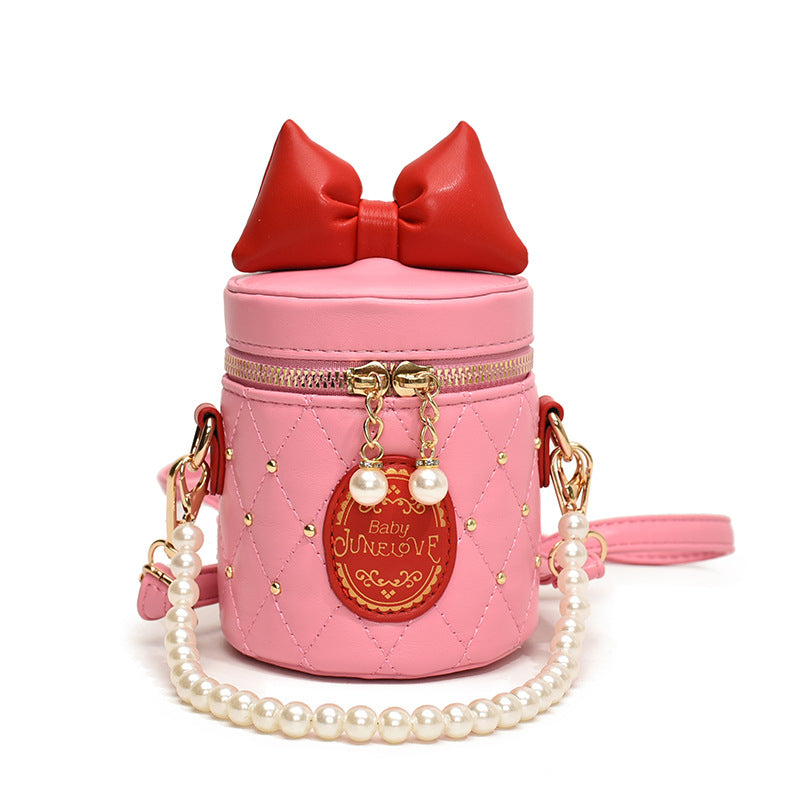 A  children's bag bow bucket bag foreign style girl pearl chain shoulder bag - Mixbatch