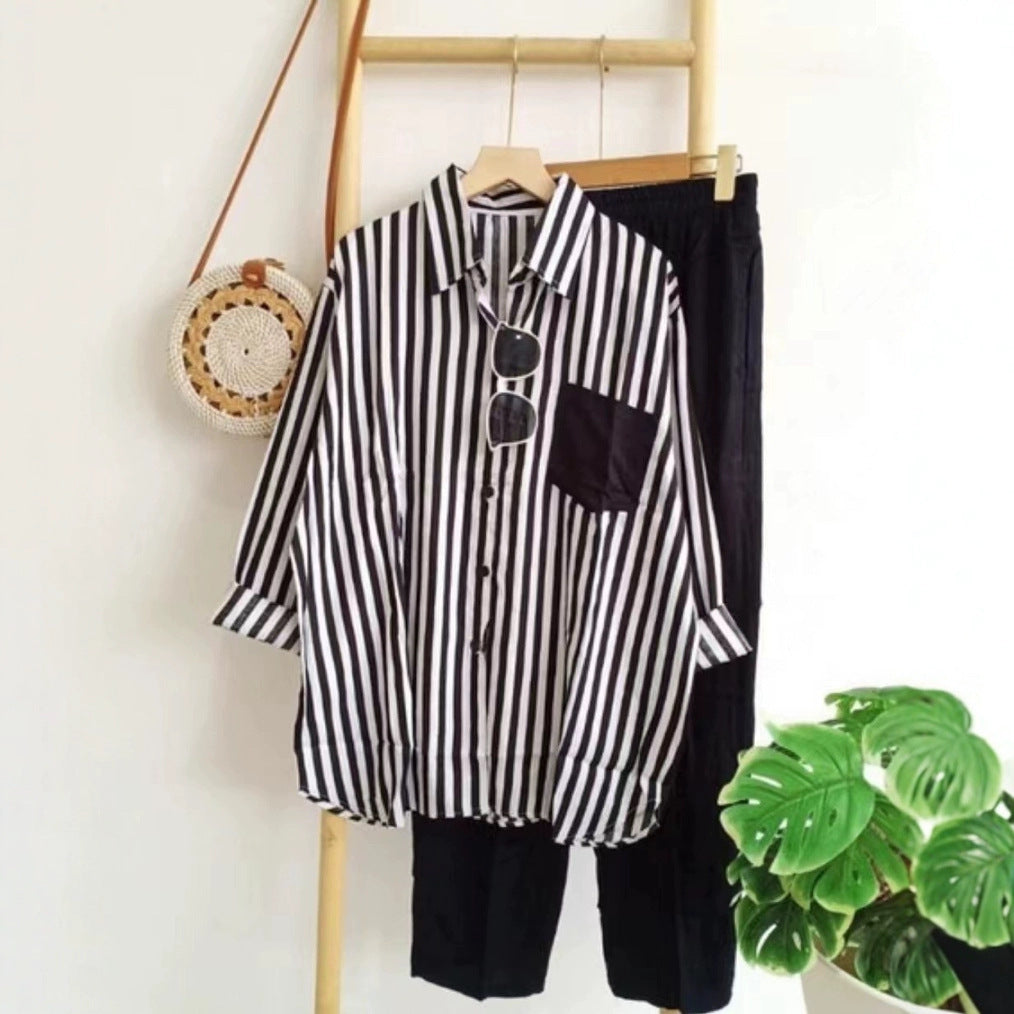 A large size women's clothing summer slightly fat MM fashion loose and thin comfortable casual striped suit