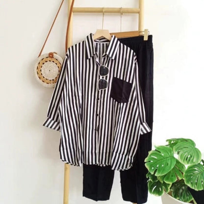 A large size women's clothing summer slightly fat MM fashion loose and thin comfortable casual striped suit