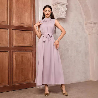 Women's Muslim Solid Color Casual Sleeveless Bottom Long Dress High Neck Belt Dress Inner Shirt - Mixbatch