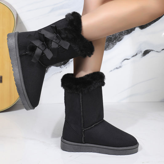 A new medium tube autumn and winter women's snow boots medium and high boots bow fashion velvet snow boots cross-border foreign trade - Mixbatch
