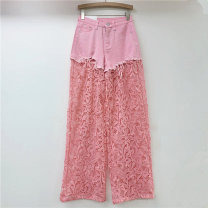 A Pink Lace Splicing Heavy Industry Hot Diamond Wide Leg Pants Women
