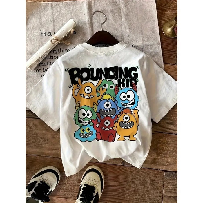 A short-sleeved foreign style ins tide summer loose cartoon print T-shirt boys and girls lazy wind top - Mixbatch