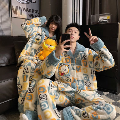A autumn and winter coral fleece couple pajamas fleece thickened warm cartoon cardigan lapel can be worn outside loungewear set