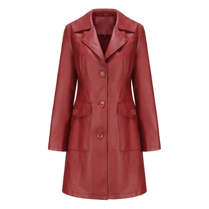 A women's long leather jacket