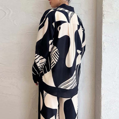 A Spring new trend fashion print suit long cardigan straight pants two-piece set