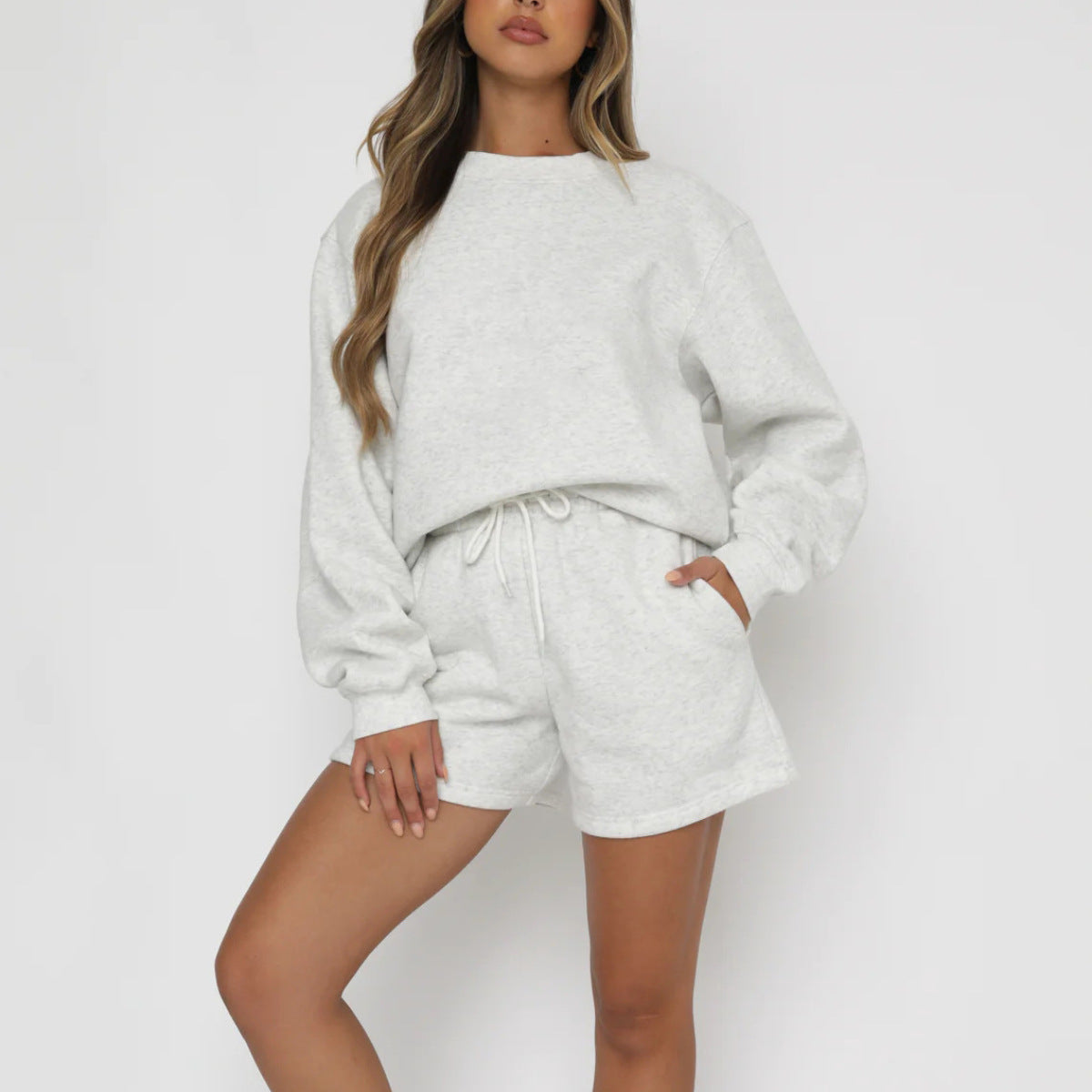 A solid color loose and versatile casual crew neck sweater shorts set - Mixbatch