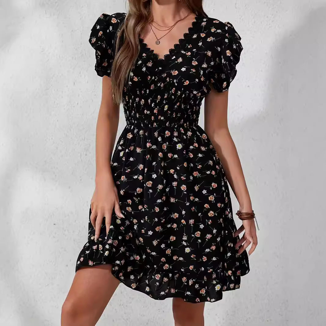 A lace V-neck elegant fashion flower print dress