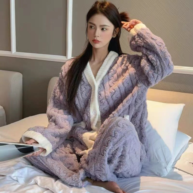 A Autumn and winter pajamas women's high-value fleece thickened can be worn outside loose Korean version of student coral fleece suit loungewear - Mixbatch