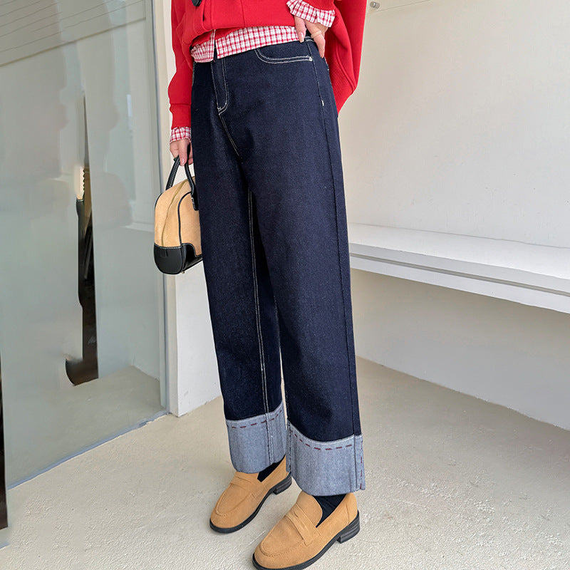 A Women's Curled Straight Pants High Waist Jeans