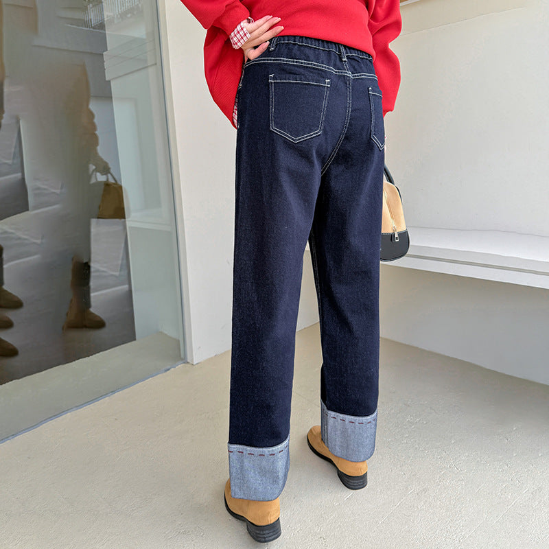 A Women's Curled Straight Pants High Waist Jeans