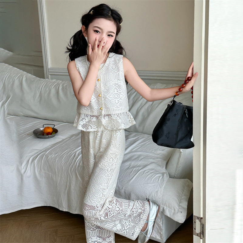 A girls summer lace crochet suit new middle-aged and older children's Korean version sleeveless top wide-leg straight pants trendy