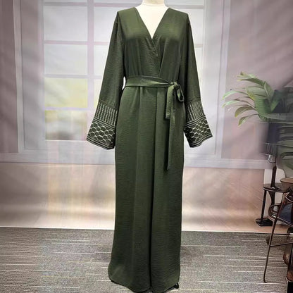 Middle Eastern Muslim Clothing Fashion Elegant Pocket Cardigan Embroidery Contrast Color Dress Robe - Mixbatch