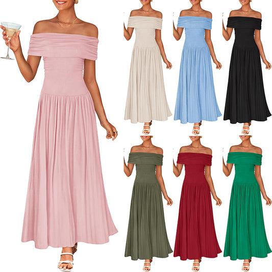 European and American cross-border TK2025 summer new product French one-word shoulder French shoulder-slipping pocket sleeveless tube top dress long dress