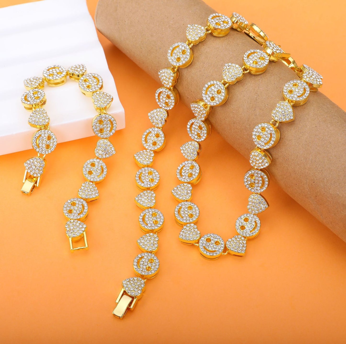 A cross-border hot sale new love smiley face full of diamonds Cuban chain European and American hip-hop necklace jewelry DIY - Mixbatch