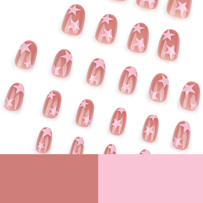 A simple pink star nail art piece short round nail piece finished product wholesale cross-border hot-selling wearing nail fake nail piece - Mixbatch