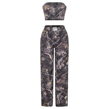 W301ST Cross-border American Teen Women's Fashion Casual Elastic Waist Printed Tube Top Skinny Overalls Set - Mixbatch
