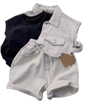 A boys summer denim suit ruffian handsome fried street fashionable loose children's denim shirt thin shorts two-piece set / three-piece set