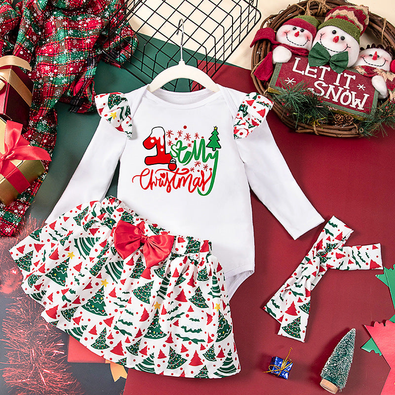 A Christmas children's long-sleeved skirt three-piece set