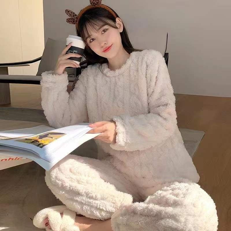 A Strictly selected coral fleece pajamas women's autumn and winter jacquard comfortable cotton fleece thickened loungewear two-piece set loose warm suit - Mixbatch