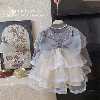 A new autumn sequined bow mesh gray tank top skirt cake skirt children's bubble sleeve bottoming shirt set