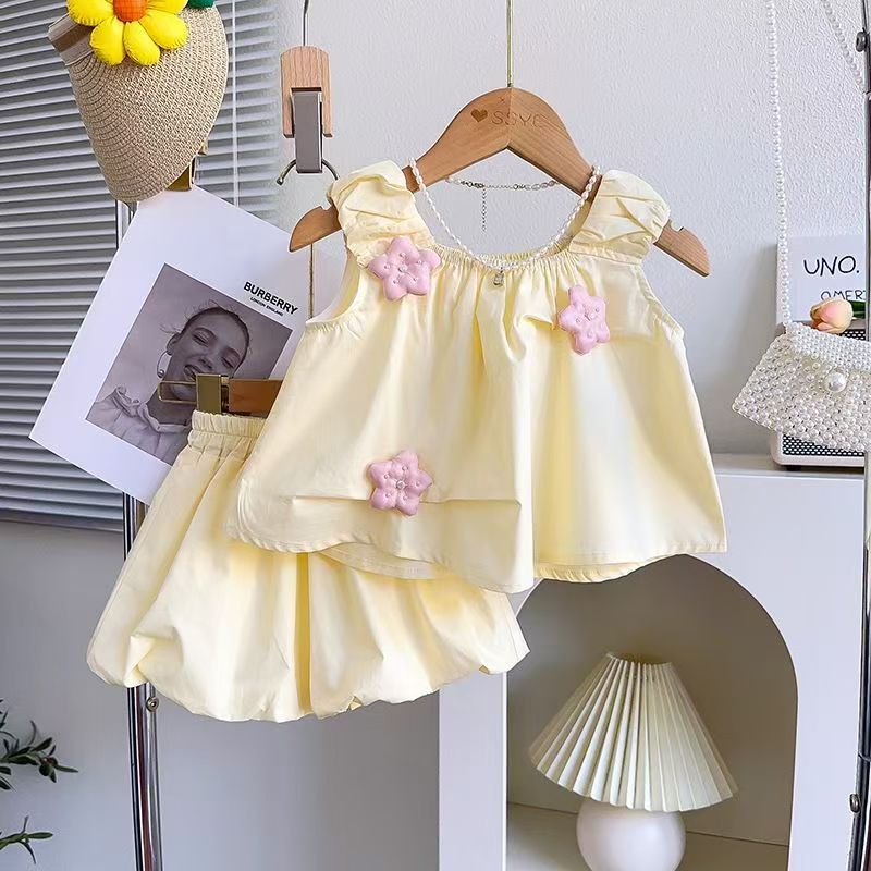 A Bubble pants girls three-dimensional bud set summer new cute sleeveless top shorts two-piece set