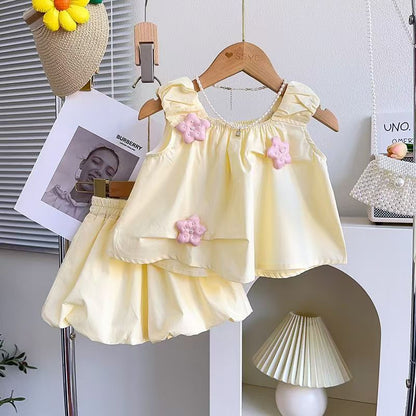 A Bubble pants girls three-dimensional bud set summer new cute sleeveless top shorts two-piece set