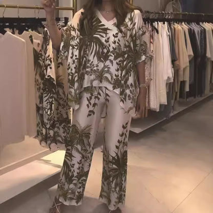A Summer Fashion Casual Women's V-Neck Printed Shoulder Sleeve Set Multi-Color Large Size Women's Clothing
