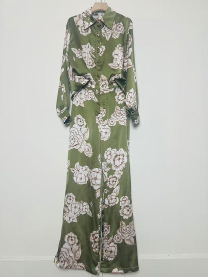 A Women's Retro Geometric Printed Lapel Shirt Two-piece Set + Loose Straight Pants Fashion Set