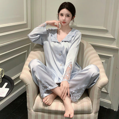 A Ice and snow pajamas women's French lapel lace cardigan long-sleeved trousers set summer spring and autumn loungewear