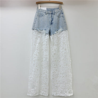 A Pink Lace Splicing Heavy Industry Hot Diamond Wide Leg Pants Women