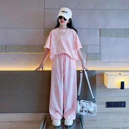 A girls' suit summer new middle-aged and older children's girls' summer wear short-sleeved t-shirt and trousers casual two-piece set foreign trade